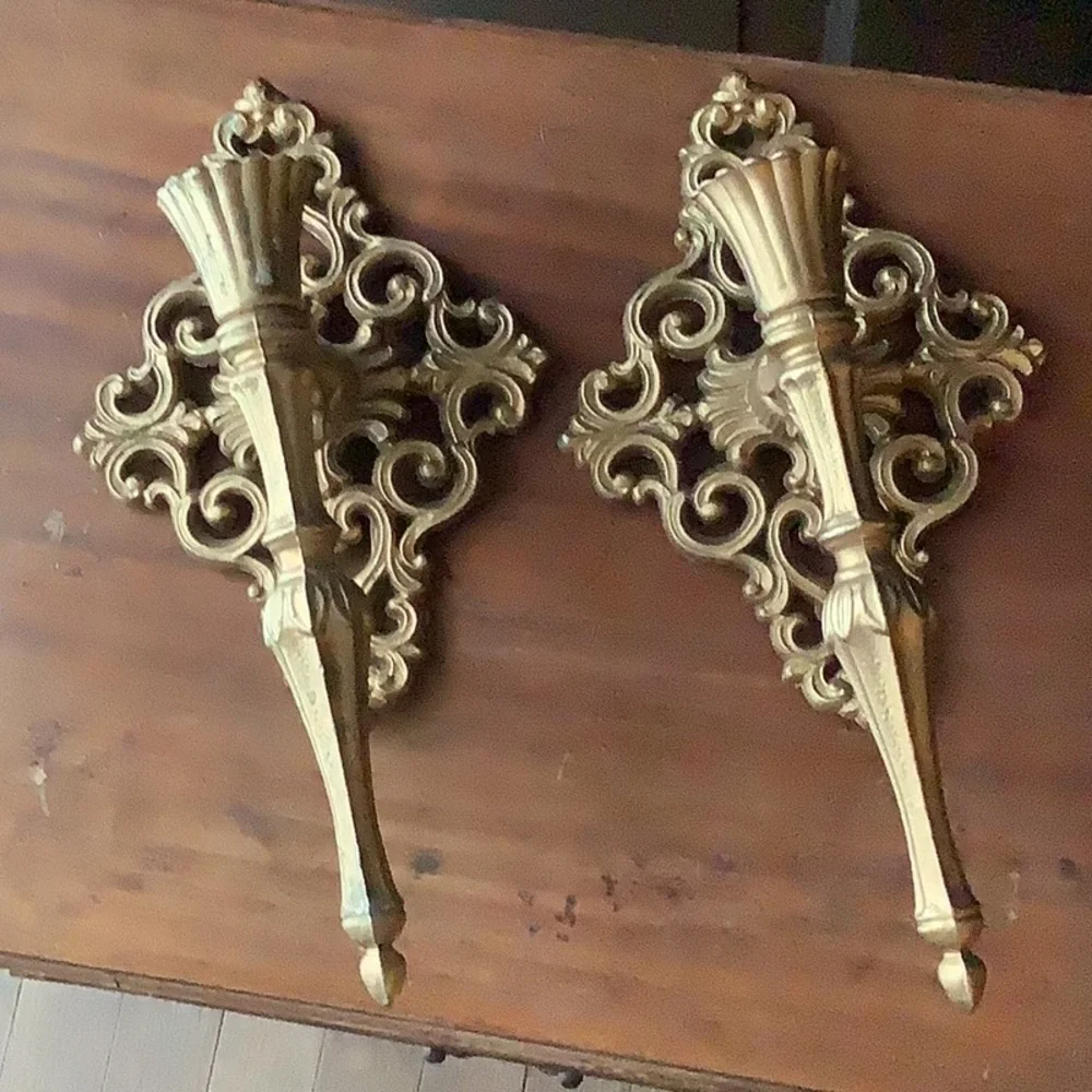 Vintage Ornate Hollywood Regency Metal Wall Sconces Candelabra Candle Holder